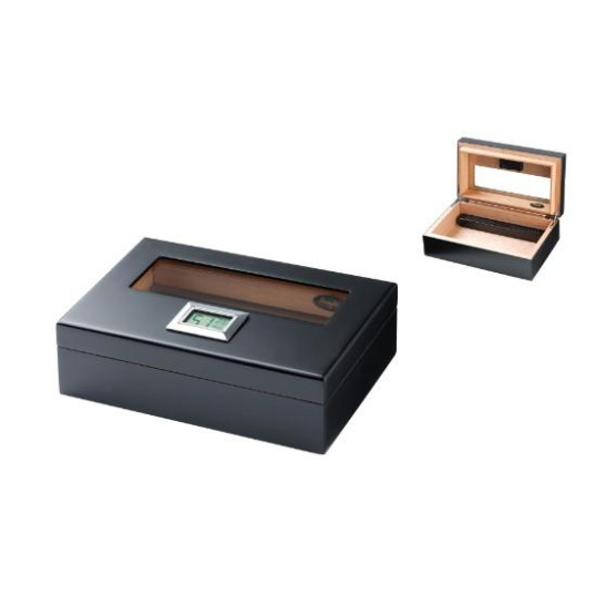 Utazó humidor - cédrusfa szivartartó doboz, párásítóval és külső digitális hygrométerrel, fekete (19x11cm)