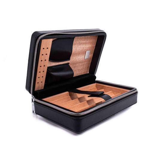 Bőr borítású cédrusfa utazó humidor 4 szál szivar részére, tároló zsebbekkel a szivar kellékel számára - Angelo