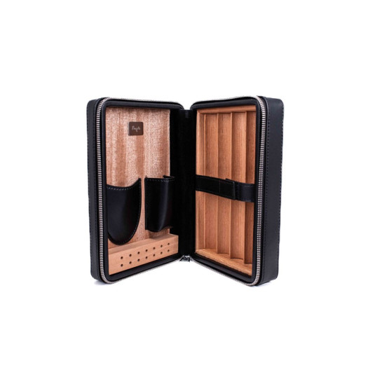 Bőr borítású cédrusfa utazó humidor 4 szál szivar részére, tároló zsebbekkel a szivar kellékel számára - Angelo