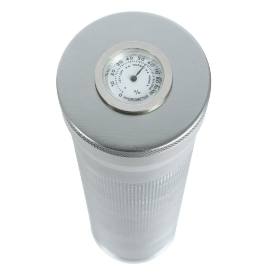 Padonio márkájú szivartároló henger, párásítóval és külső páratartalom mérővel - króm színű