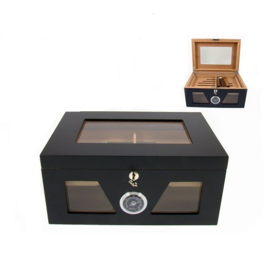 Angelo gasztrohumidor 100-150 szál szivar részére, fekete színű, üveges, cédrusfa belső, külső hygrométer, párásító- OUTLET-1