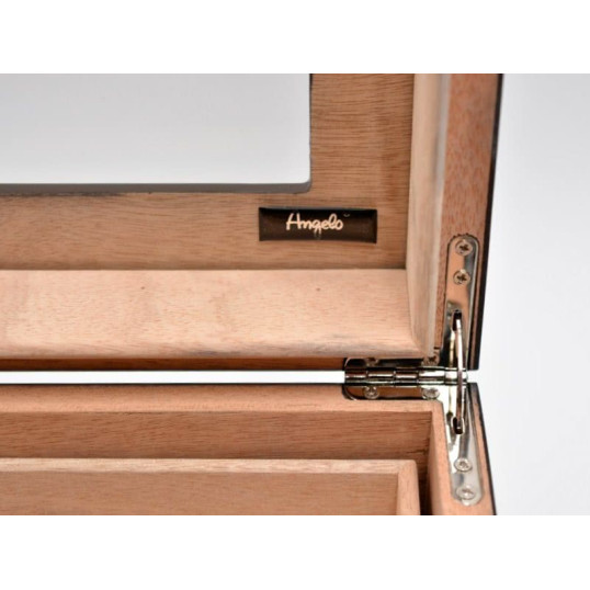 Angelo gasztrohumidor 100-150 szál szivar részére, fekete színű, üveges, cédrusfa belső, külső hygrométer, párásító- OUTLET-1