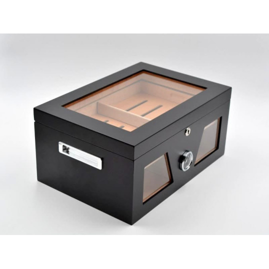 Gasztro humidor 80 szál szivar részére, üveges szivar doboz, cédrusfa, külső hygrométerrel és párásítóval - fekete, Angelo