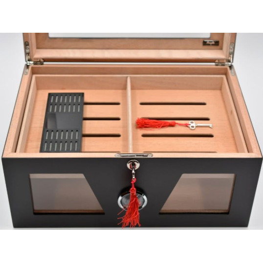 Gasztro humidor 80 szál szivar részére, üveges szivar doboz, cédrusfa, külső hygrométerrel és párásítóval - fekete, Angelo