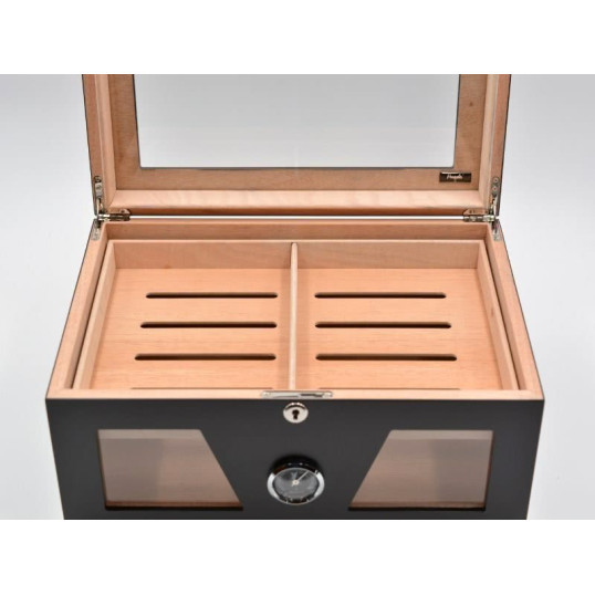 Gasztro humidor 80 szál szivar részére, üveges szivar doboz, cédrusfa, külső hygrométerrel és párásítóval - fekete, Angelo