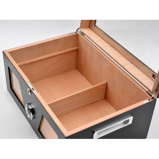 Gasztro humidor 80 szál szivar részére, üveges szivar doboz, cédrusfa, külső hygrométerrel és párásítóval - fekete, Angelo