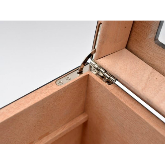 Angelo gasztrohumidor 100-150 szál szivar részére, fekete színű, üveges, cédrusfa belső, külső hygrométer, párásító- OUTLET-1