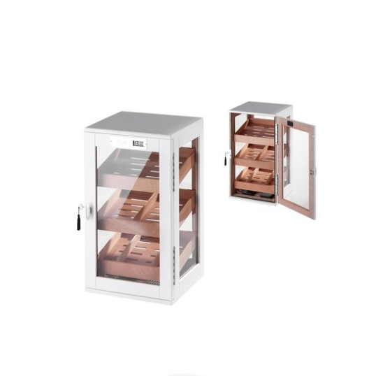 Matt fehér színű üveges szivar tároló szekrény 90-110 szál szivarnak, cédrusfa belsővel, körbe üveges digitális higrométerrel - Angelo