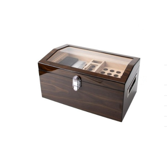 Ébenfekete bevonatú zongoralakk humidor üvegtetővel, 100 szál szivar részére - digitális higrométer, AP párásító, oldalsó fém fogantyúk, köztes polc