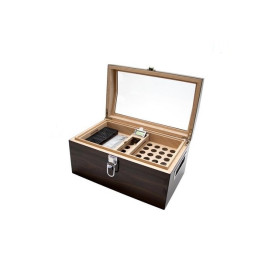Ébenfekete bevonatú zongoralakk humidor üvegtetővel, 100 szál szivar részére - digitális higrométer, AP párásító, oldalsó fém fogantyúk, köztes polc