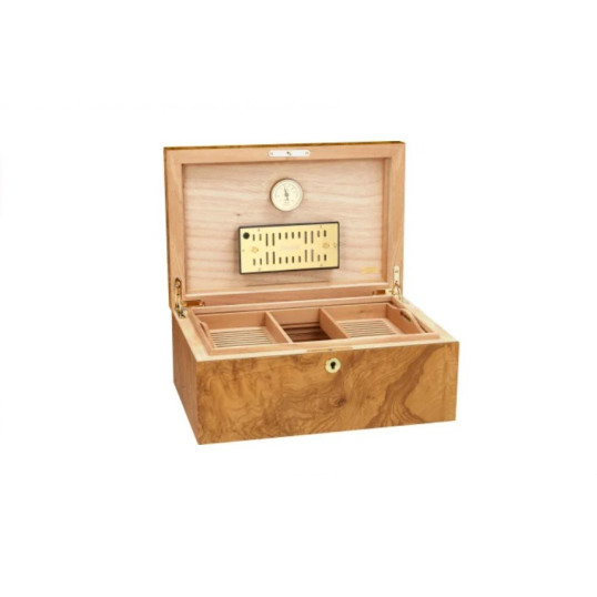 Adorini Humidor Olive Ash Burl Specially Selected Grande, cédrusfa belső, 150 szál szivar számára, aranybevonatú zsanérokkal, kiegészítőkkel