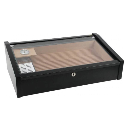 Adorini Vega Deluxe üvegtetejű spanyol cédrusfa humidor, matt fekete - kb. 70 - 75 szál szivarnak