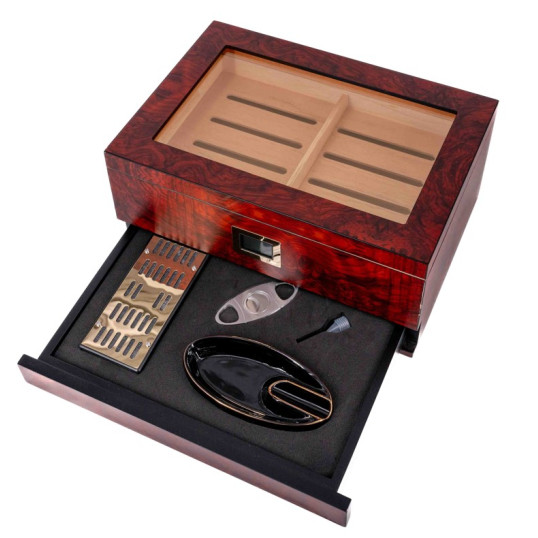 Üvegtetős humidor szett kb 50 szivar számára, digitális higrométerrel és kristályos párásítóval-gyökérfa mintás