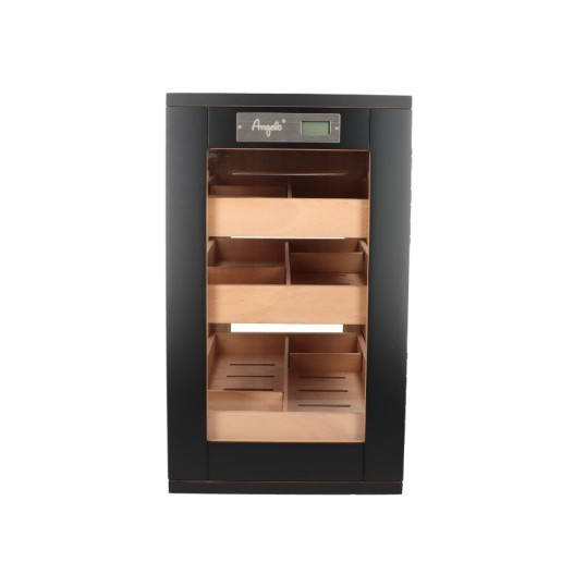 Matt fekete színű üveges szivar tároló szekrény 90-110 szál szivarnak, cédrusfa belsővel, körbe üveges digitális higrométerrel - Angelo