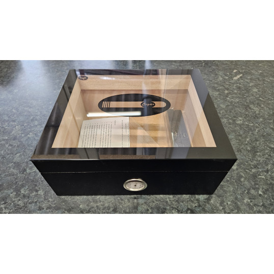 Angelo humidor 50 szál szivar részére, fekete színű, üvegtető, cédrusfa belső, párásító, külső analóg hygrométer - OUTLET - 1