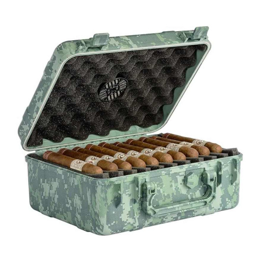 Cigar Caddy utazó humidor zöld terepmintás műanyag szivartároló, párásítóval - 40 szál szivar részére