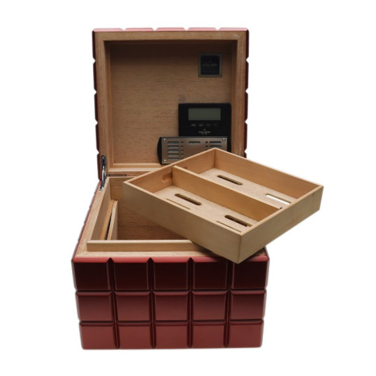 Colibri Heritage Cube humidor 40-50 szál szivar számára, bordó színű digitális hygrométerrel