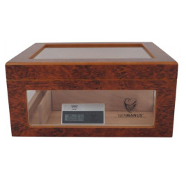 Germanus Humidor, barna színű, három oldalán és a tetején üveges, kb. 100 szál szivar részére, cédrusfa belsővel, párásítóval, higrométerrel