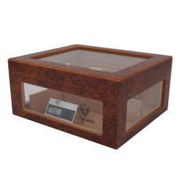 Germanus Humidor, barna színű, három oldalán és a tetején üveges, kb. 100 szál szivar részére, cédrusfa belsővel, párásítóval, higrométerrel