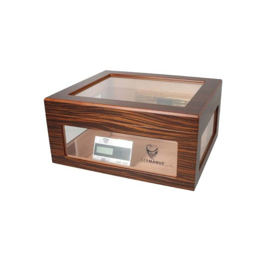 Germanus Humidor,barna, faerezetű, három oldalán és a tetején üveges, kb. 100 szál szivar részére, cédrusfa belsővel, párásítóval, higrométerrel