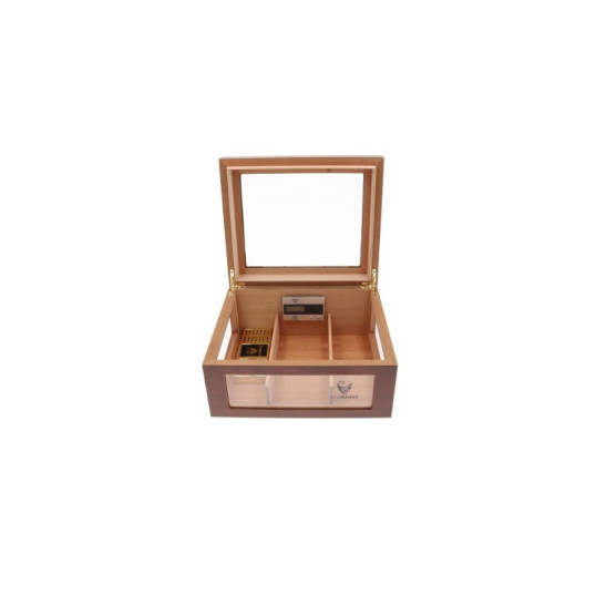 Germanus Humidor, vörösesbarna, három oldalán és a tetején üveges, kb. 100 szál szivar részére, cédrusfa belsővel, párásítóval, higrométerrel
