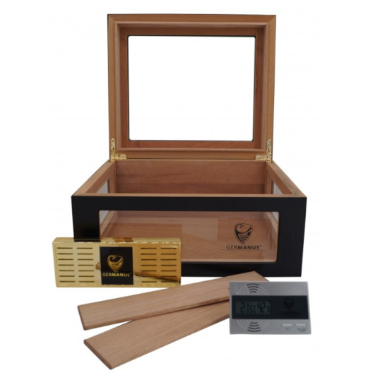 Germanus Humidor, fekete carbon mintás, három oldalán és a tetején üveges, kb. 100 szál szivar részére, cédrusfa belsővel, párásítóval, higrométerrel