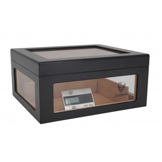 Germanus Humidor, fekete carbon mintás, három oldalán és a tetején üveges, kb. 100 szál szivar részére, cédrusfa belsővel, párásítóval, higrométerrel