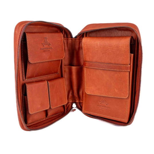 Montecristo bőr szivartartó 4 szivar részére, tároló rekeszekkel az egyéb szivaros kiegészítőknek