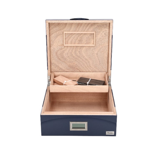 Passatore humidor – királykék, bőrbetéttel, digitális higrométerrel, 30–40 szivarhoz