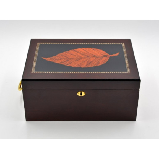 Deauville szivardoboz 100 szál szivar részére, dohánylevél mintás, fogantyúval és kivehető tálcával OUTLET