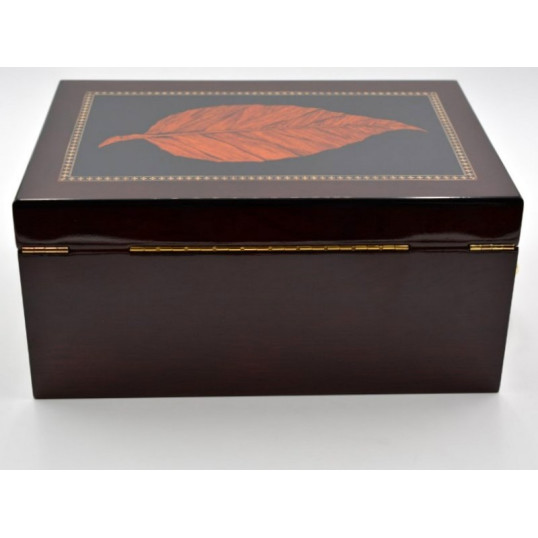 Deauville szivardoboz 100 szál szivar részére, dohánylevél mintás, fogantyúval és kivehető tálcával OUTLET