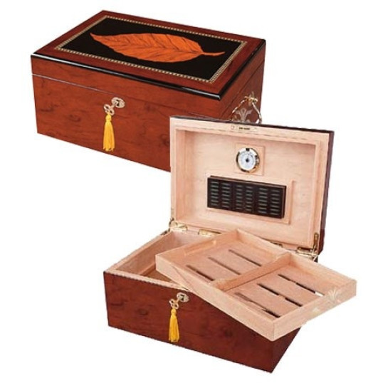 Deauville szivardoboz 100 szál szivar részére, dohánylevél mintás, fogantyúval és kivehető tálcával OUTLET