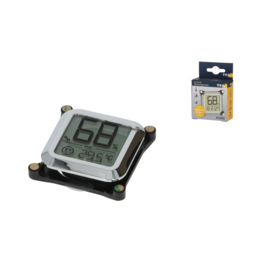 TFA digitális higrométer 5x5cm, króm színű, szerelő gyűrűvel és elemmel