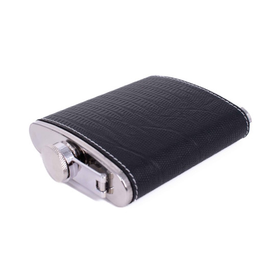 Rozsdamentes acél flaska, laposüveg fekete műbőr borítással - 7 oz. = 2.07dl