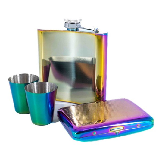 Színes rozsdamentes acél flaska pohárral és cigarettatartóval - 6 oz. = 1.77dl
