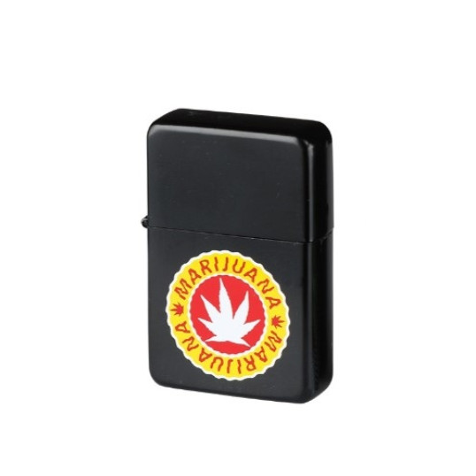 Angel Benzines öngyújtó fekete színű - Piros, sárga kör alakú marihuána levél embléma 