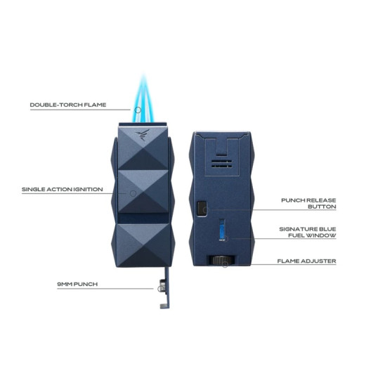 Colibri Quasar II Hand Held modell, kettes Jet lánggal égő, sötétkék színű szivar öngyújtó, beépített szivarfúróval