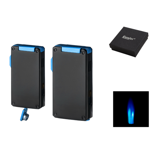 Eurojet márkájú szúrólángos fekete és világos kék színű szivargyújtó - szivarfúróval