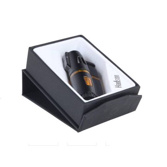 Szivargyújtó Hadson Machine Black, fekete és sárga színű, kihajtható 8mm-es szivarfúróval