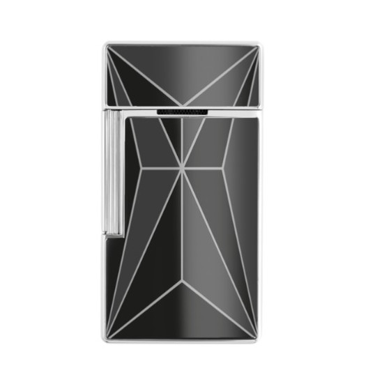 S.T. Dupont Big D fekete és króm színű, fehér geometriai vonalakkal díszített szivaros öngyújtó - széles szúrólánggal