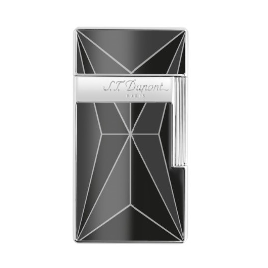 S.T. Dupont Big D fekete és króm színű, fehér geometriai vonalakkal díszített szivaros öngyújtó - széles szúrólánggal