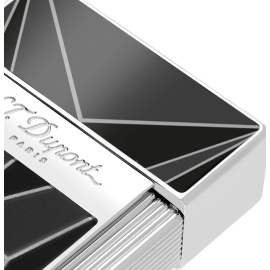 S.T. Dupont Big D fekete és króm színű, fehér geometriai vonalakkal díszített szivaros öngyújtó - széles szúrólánggal