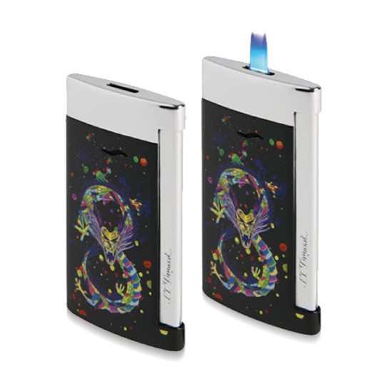 Elegáns S.T. Dupont Slim 7 Dragon szivar öngyújtó erős szúrólánggal - fekete és króm