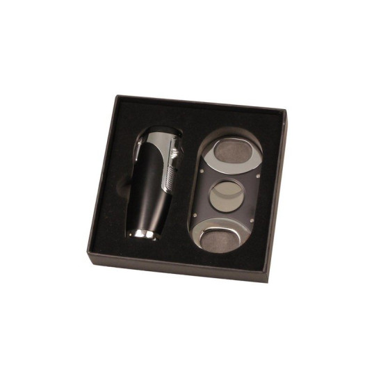 Fekete és króm szinü Sky szivaröngyújtó és szivarvágó - szivar szett