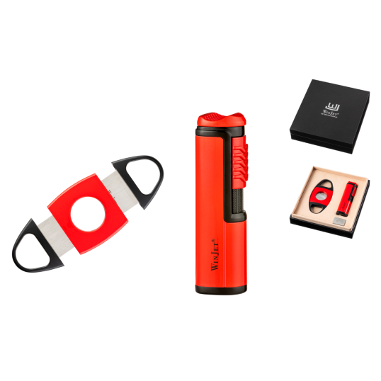 WinJet szivaros szett Jet lángos öngyújtóval és dupla pengés szivarvágóval - fekete, piros