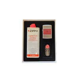 Zippo ajándék szett – Vörös faerezet mintás benzines öngyújtó, 125 ml Zippo benzin és Zippo tűzkő készlet díszdobozban