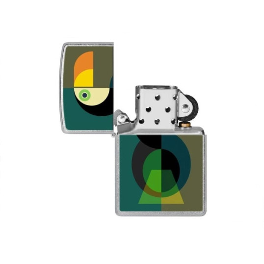 Zippo szálcsiszolt króm benzines öngyújtó – Modern geometrikus tukán mintával