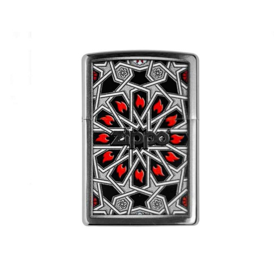 Zippo szálcsiszolt króm benzines öngyújtó – Geometrikus láng motívummal