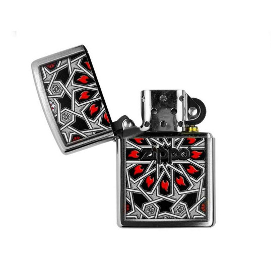 Zippo szálcsiszolt króm benzines öngyújtó – Geometrikus láng motívummal