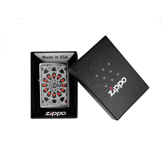 Zippo szálcsiszolt króm benzines öngyújtó – Geometrikus láng motívummal